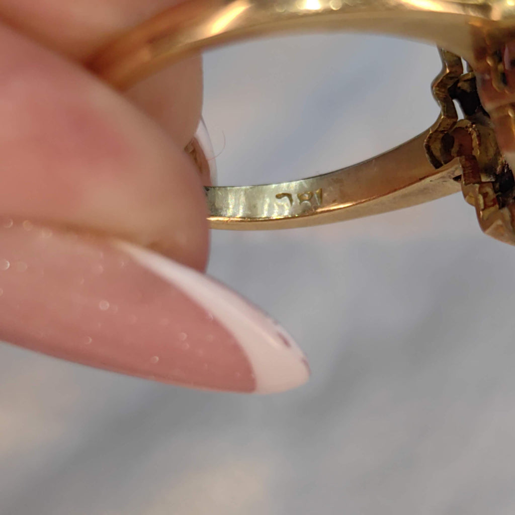 Art Deco 18k Solid Yellow Gold Bright Red Coral Gray Dainty Pearl Statement Ring Retro 1940s Geometric Ring Gift Present