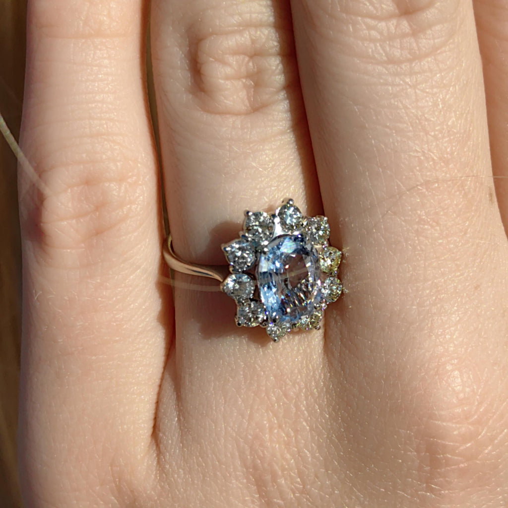 Mid Century Icy Cornflower Blue Sapphire Diamond Ring: 18k White Gold Diana Ring