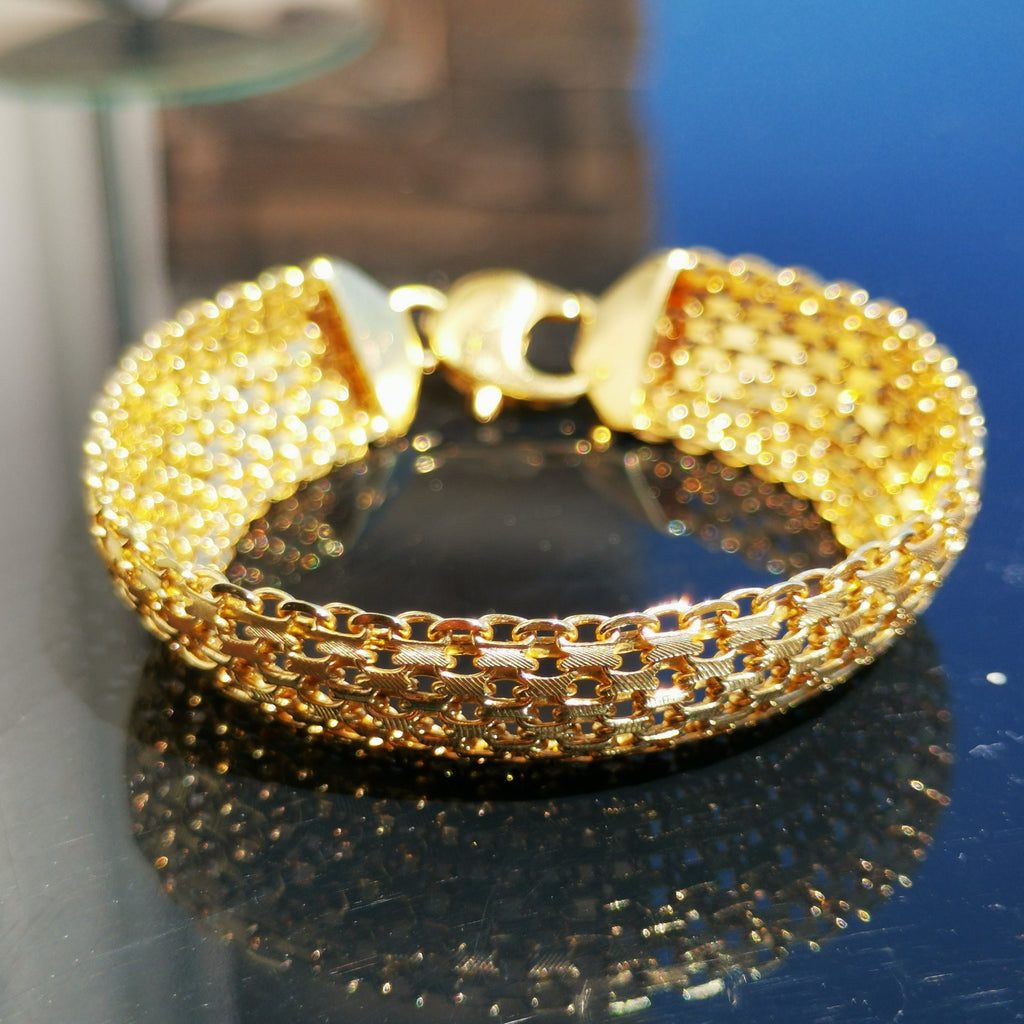 Vintage 1960s Italy 14k Solid Yellow Gold Wide Handmade Thick Chain Statement Elegant Bracelet Gift Present