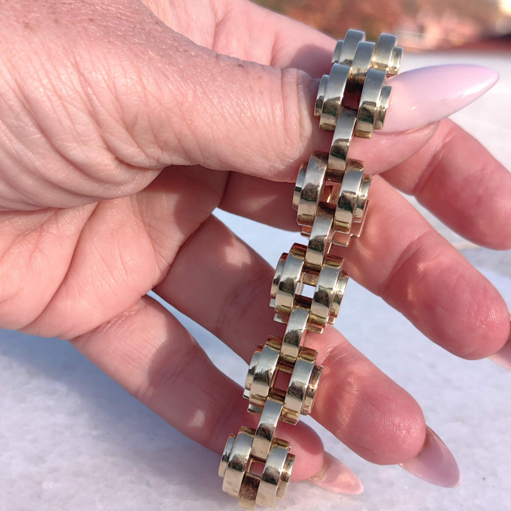 Art Deco 14k Gold Geometric Link Bracelet - 21cm Handmade Statement