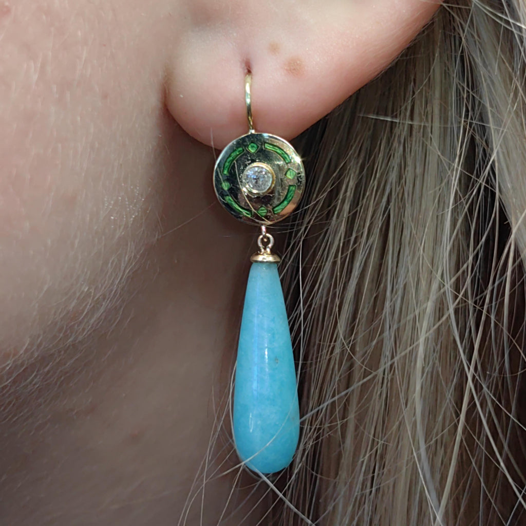 Antique 1900s Art Nouveau Amazonite  and Diamond Solid 14K Yellow Gold Green Enamel Dangle Drop Statement Earrings Elegant Gift for Her