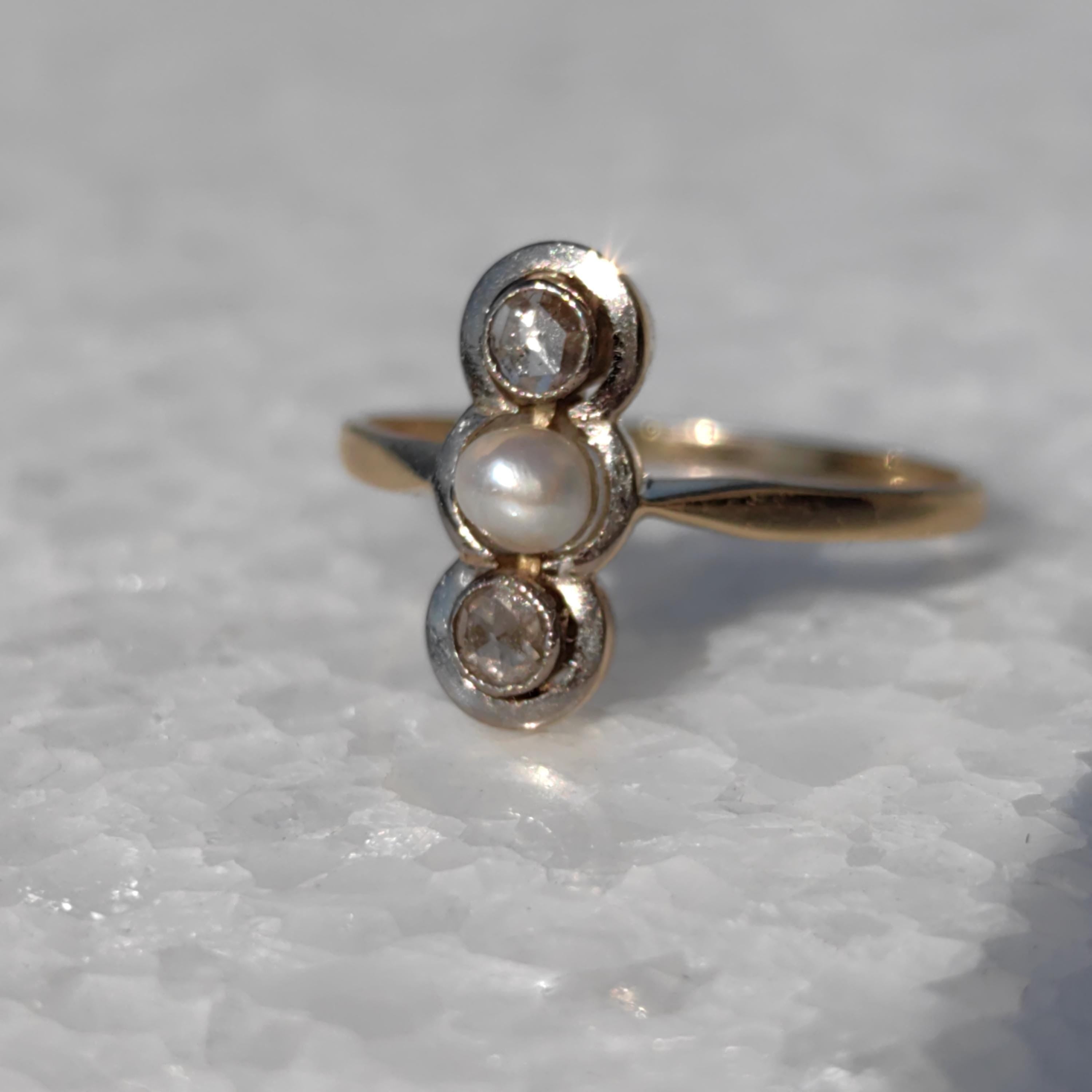 Art Nouveau Pearl Engagement Ring: Diamond 18k Gold Antique Three-Stone