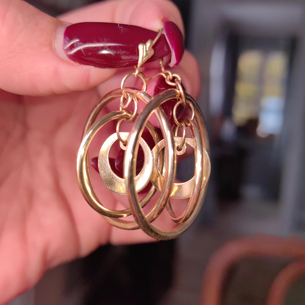14k Yellow Gold Italy Round Dangle Drop Large Circle Hoop Gipsy Earrings Handmade Gift for Her Present