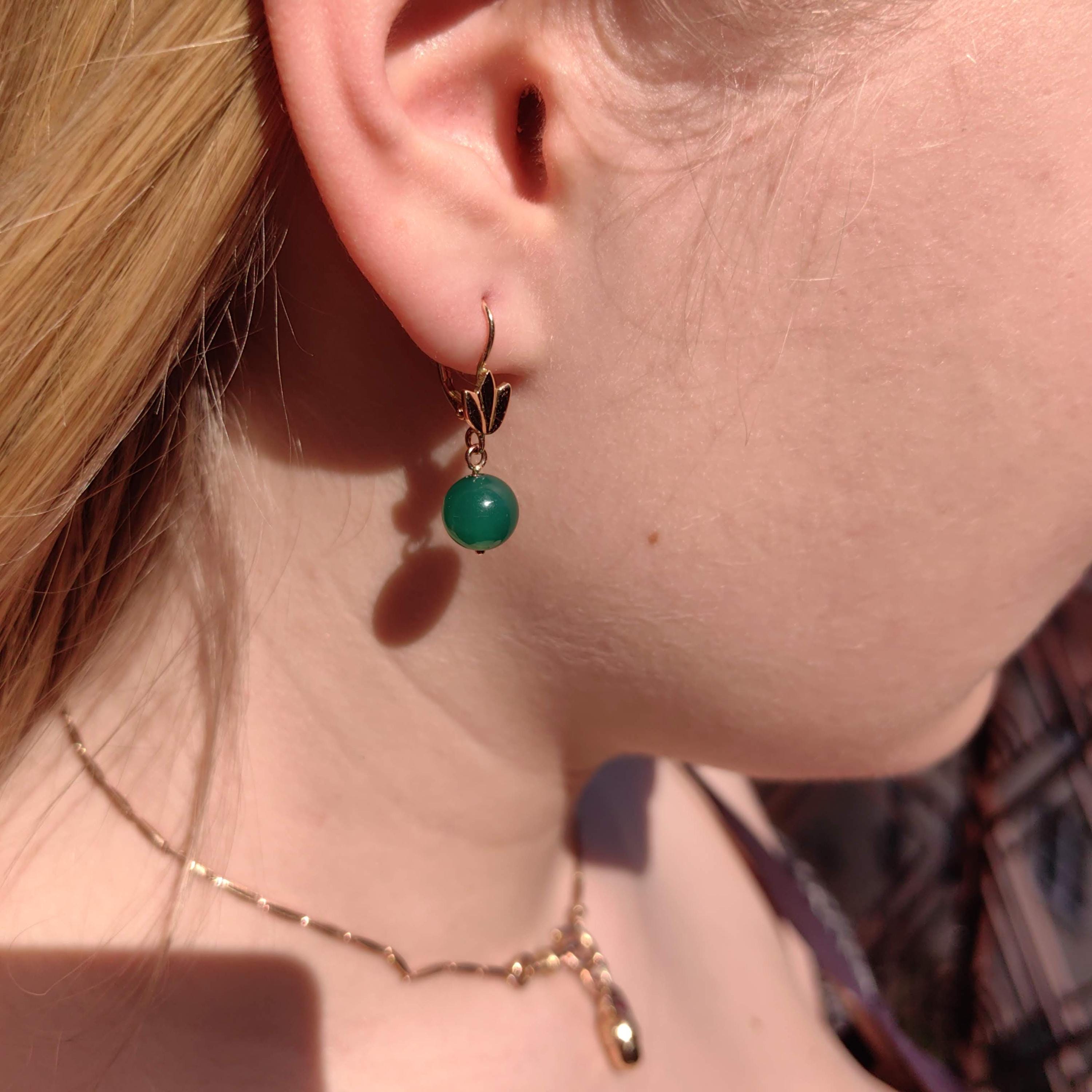 Green Chalcedony 14k Gold Earrings: Vintage 1950s Dormeuse Style