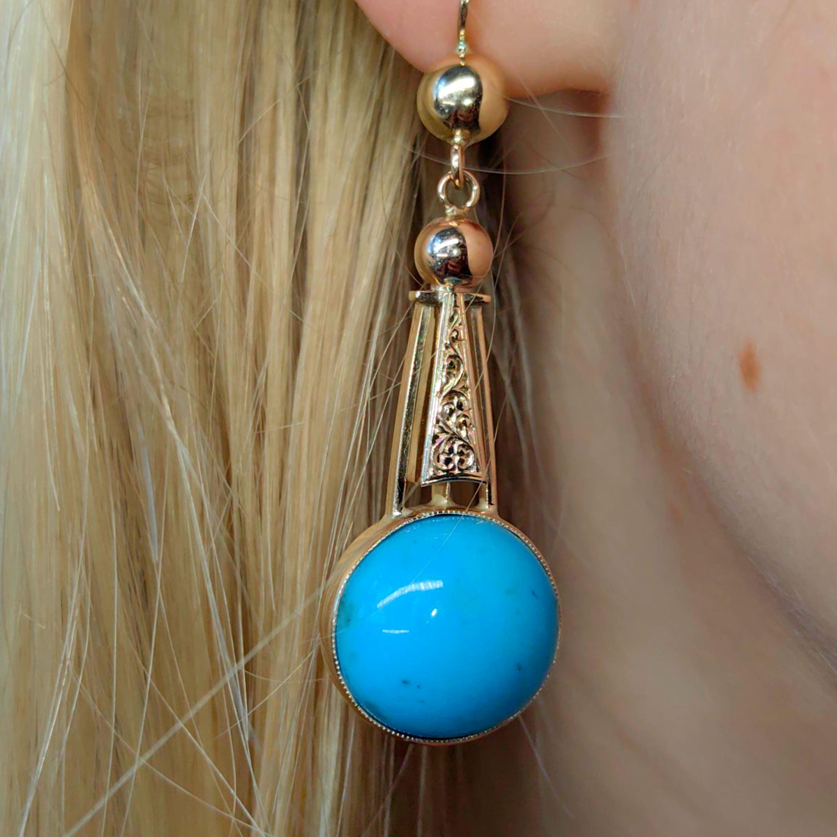 Turquoise 14K Solid hallmarked Yellow Rose Champagne Gold Dangle Drop  Historism 1890s Elegant Vintage Earrings Gift for Her Present