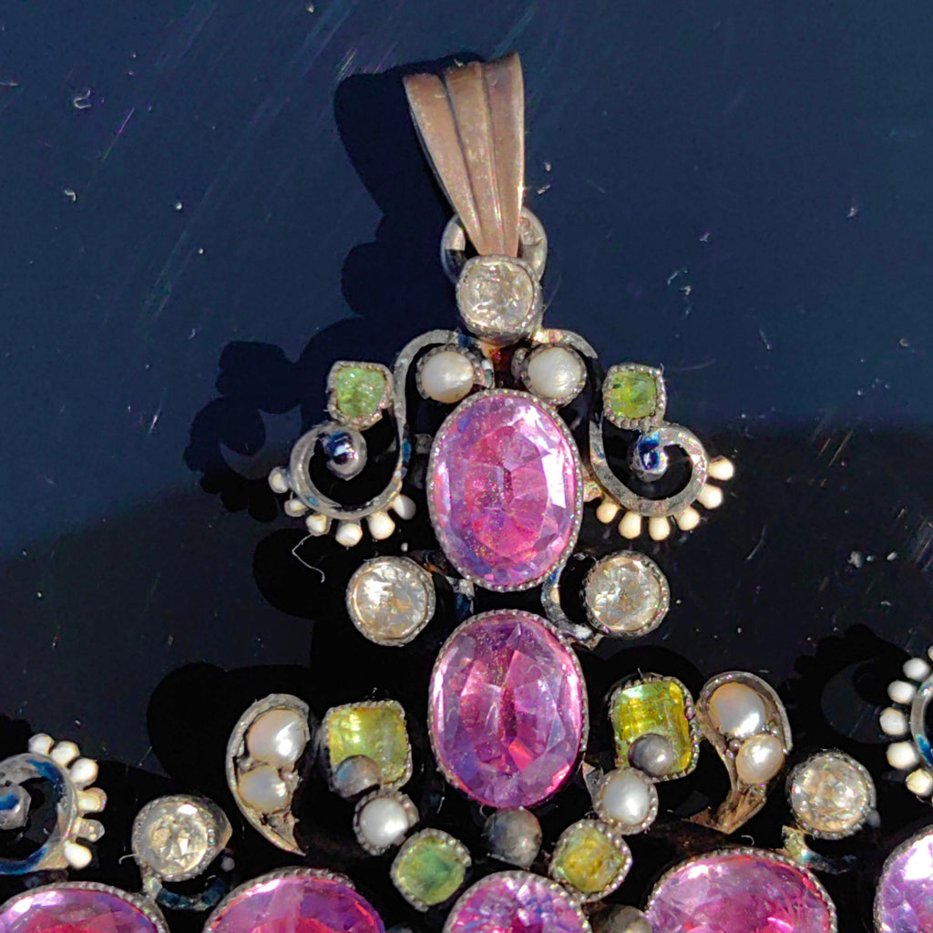 Baroque Antique natural Purple Amethyst Green Demantoid white Sapphire Silver Christian Latin Cross Large Statement Pendant