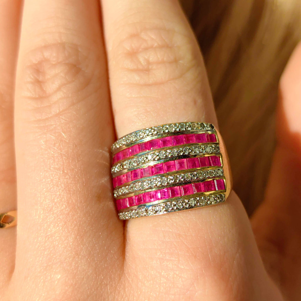 Vintage 18k Solid Yellow Gold Natural Raspberry Red Ruby and Diamond Statement Wide Ring Unisex Size 7.25