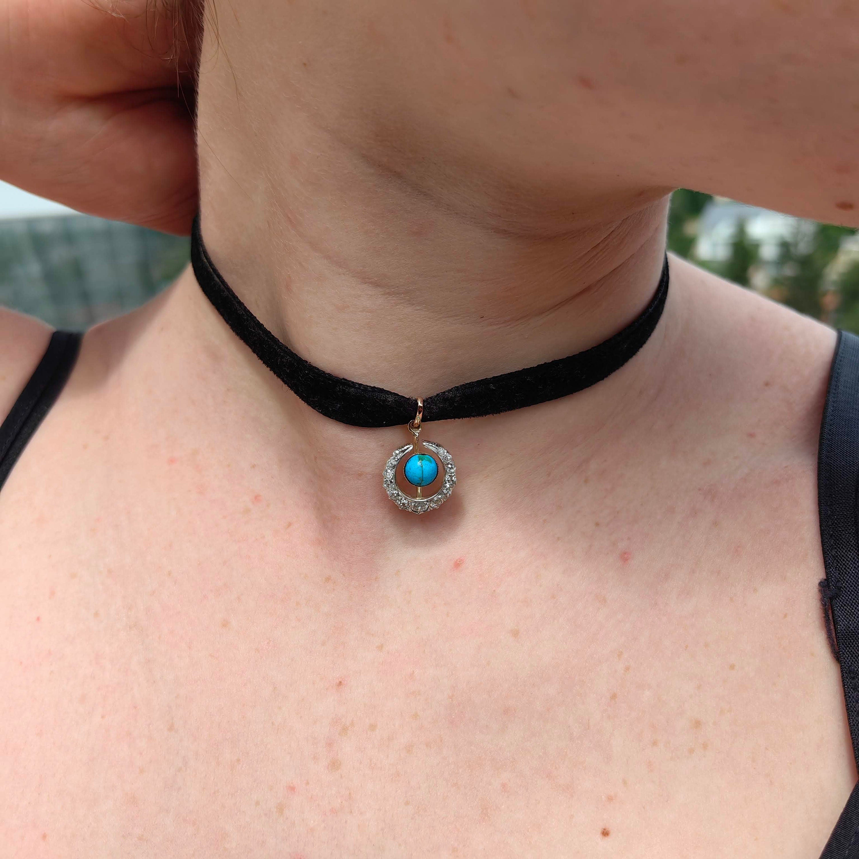 Art Nouveau Antique Vintage Turquoise and Diamond Gold Moon Pendant