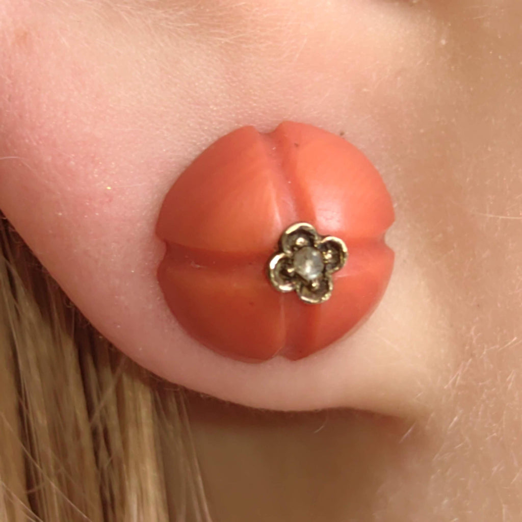 Victorian Coral Stud Earrings: Rose Diamond 18k Gold, Antique 1880s