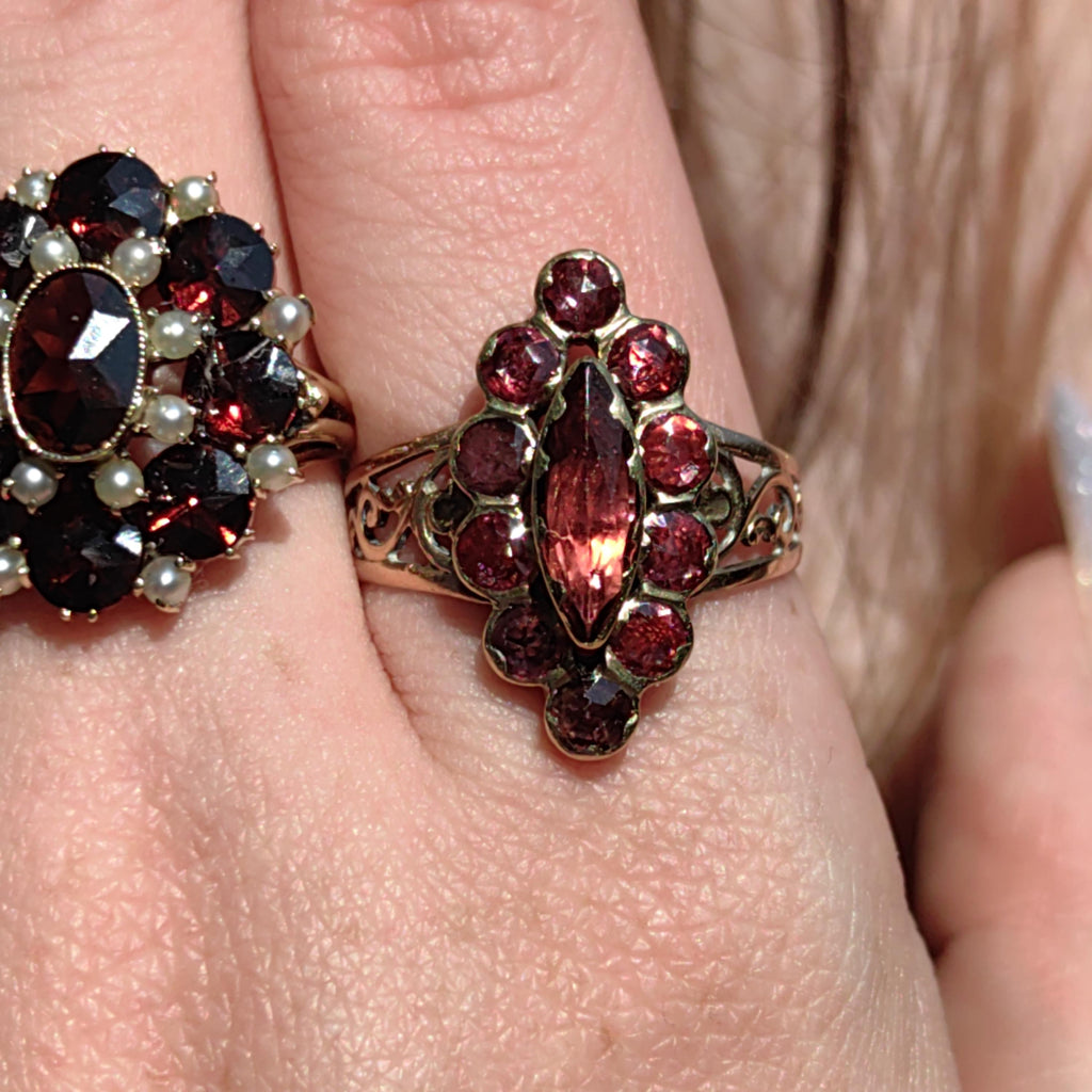 Victorian 1880s Almandine Garnet Solid 14k Yelllow Gold Elegant Statement Ring Marquise Floral Design Gift for Her Present