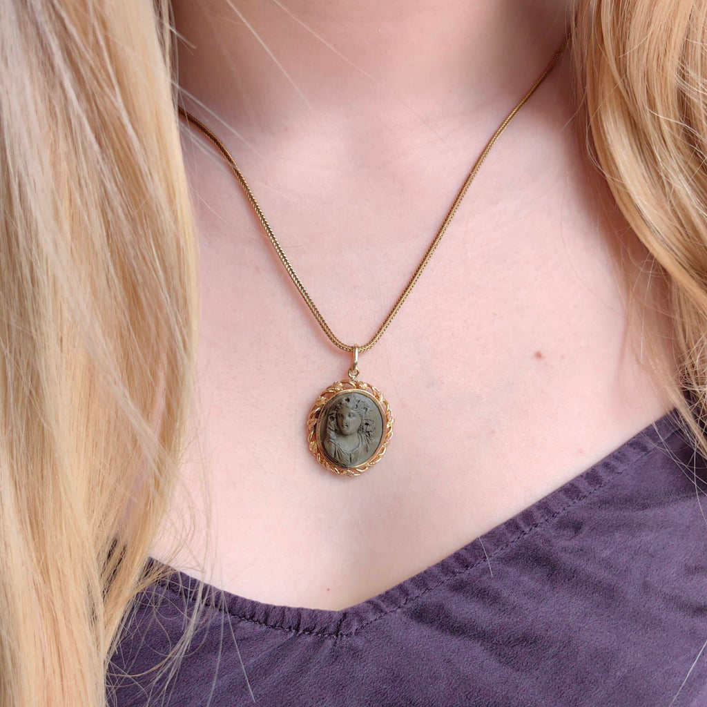 Victorian Hand Carved Lava Cameo Pendant - 14K Gold Framed