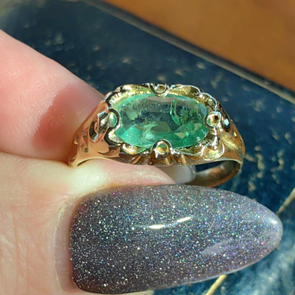 Victorian Natural Emerald  18k Solid Yellow Gold Hallmarked Antique  1880s Band Solitaire Statement Ring US Duty Free HTS 9706