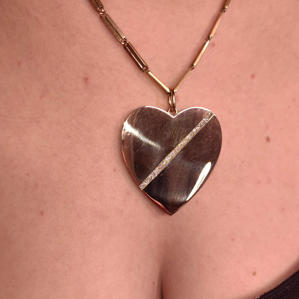 Diamond Heart Locked Pendant Solid 14k Gold Large Geometric Statement Jewelry