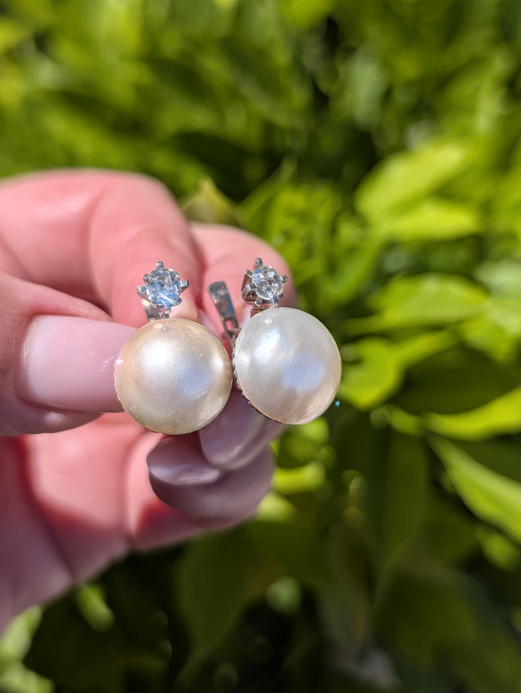 1940s Diamond Mabe Pearl Statement Earrings 18k White Gold Old Mine Cut Diamonds Hallmarked Luxury Fine Jewelry Gift for Her