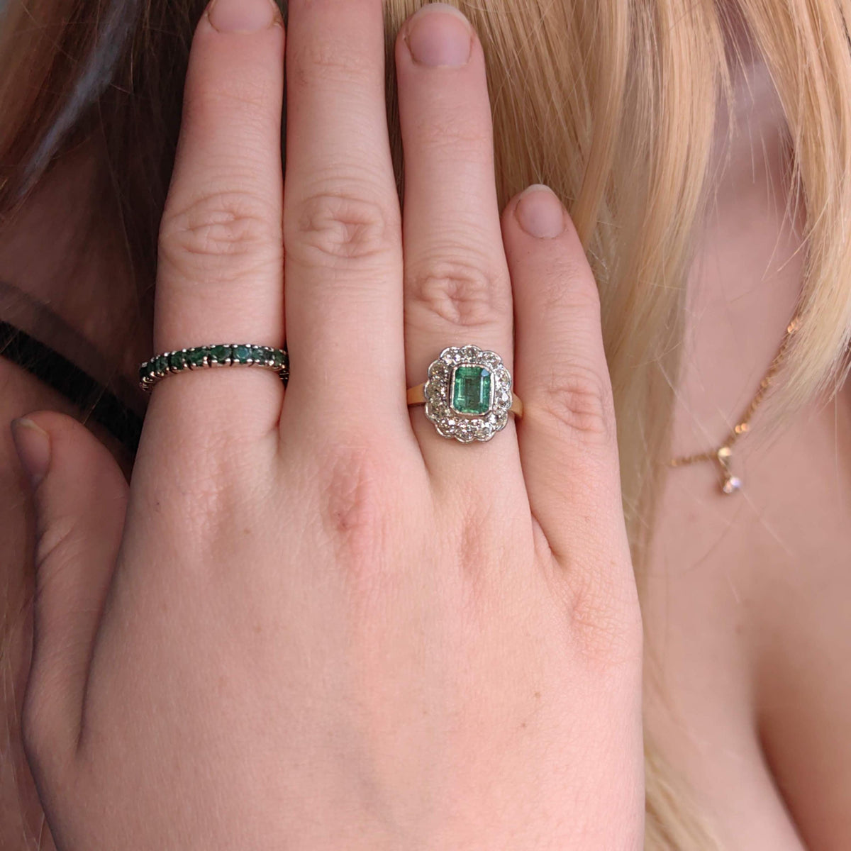 Antique 14k Solid Yellow Gold Natural Green Emerald Diamond 1900s Victorian Elegant Vintage Statement Ring Gift for Her