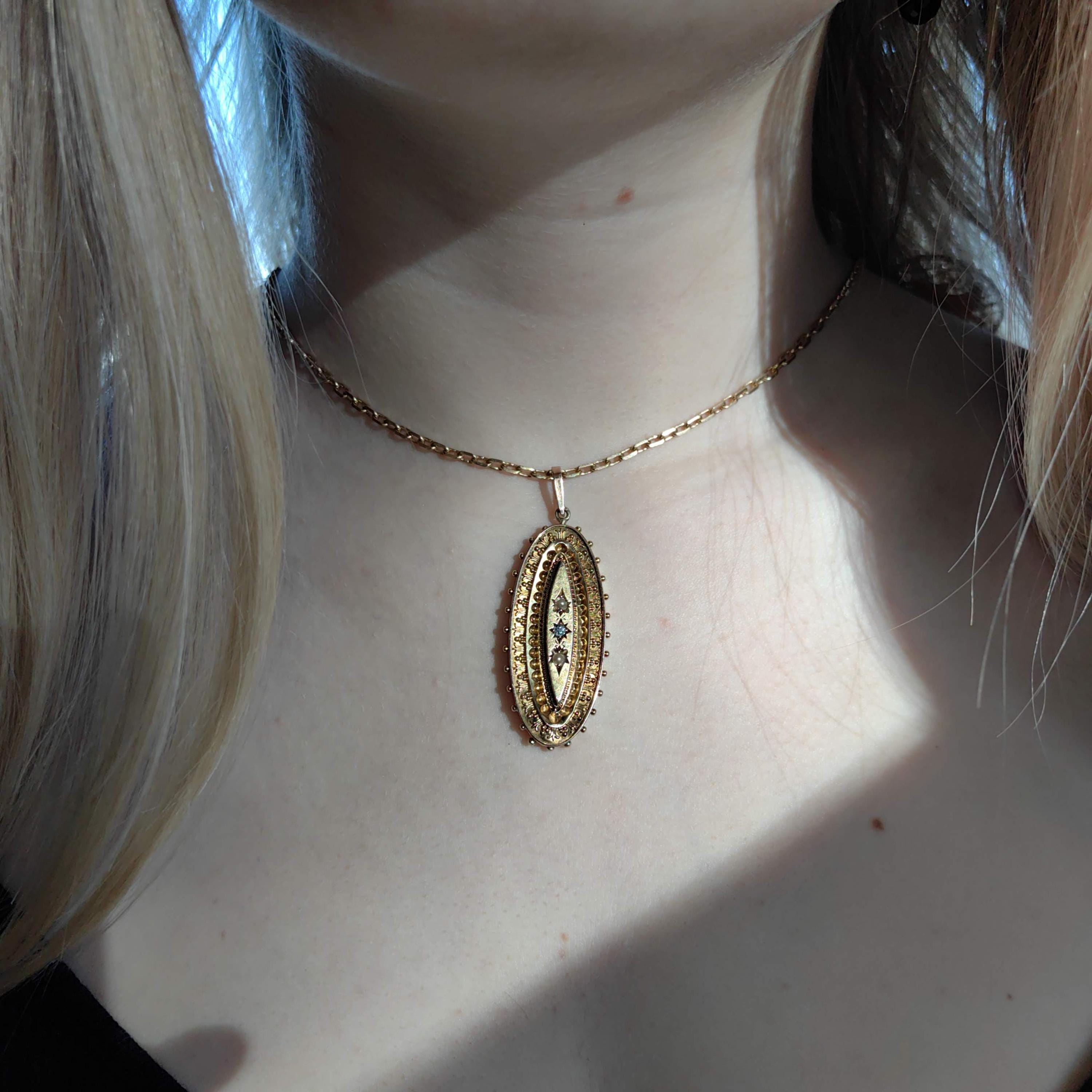 Victorian 15k Gold Locket Pendant: Diamond & Pearl Picture Frame, 1880s