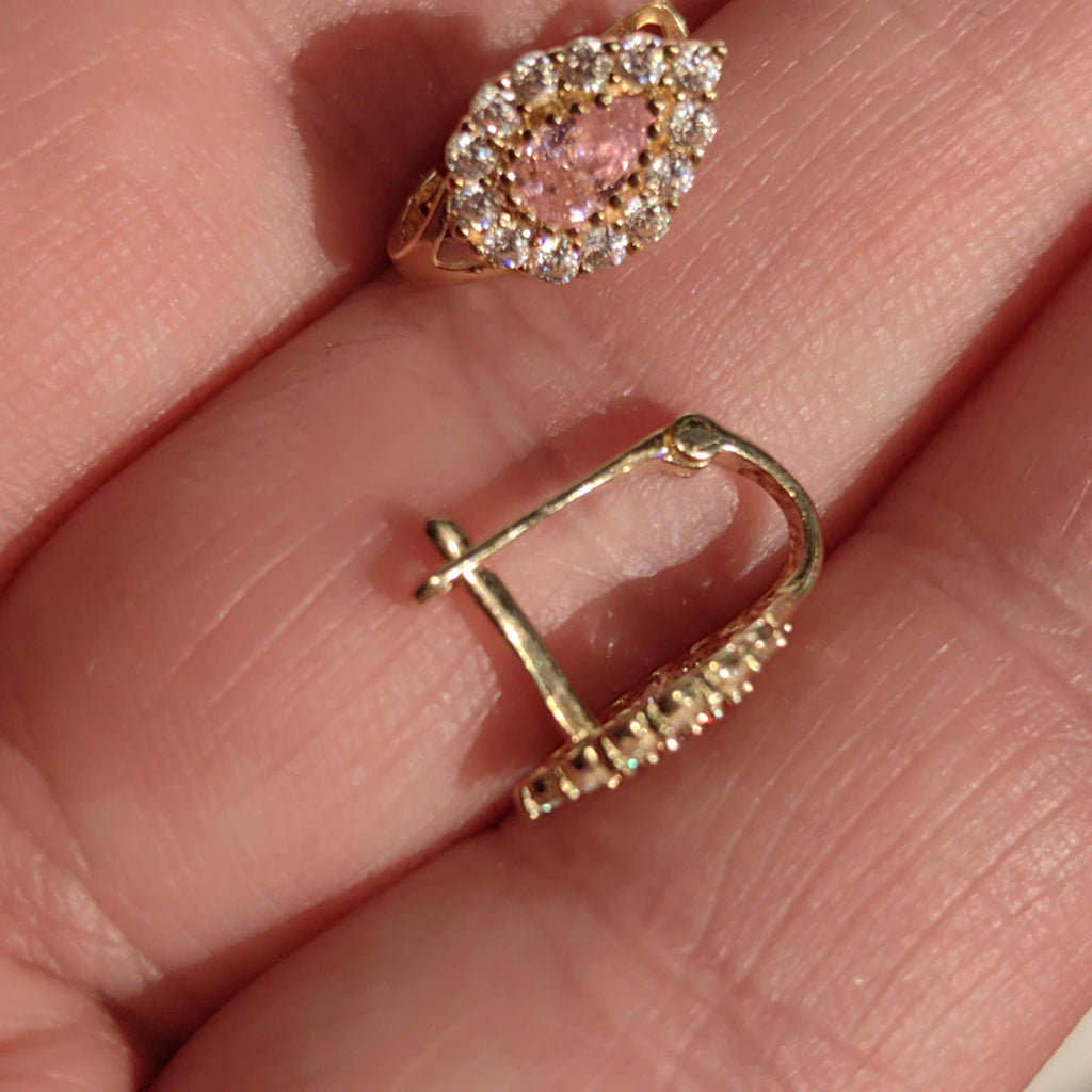 Vintage Solid Yellow Gold cubic zirconia Pink Stone Drop Floral cluster omega closure Earrings Gift for Her