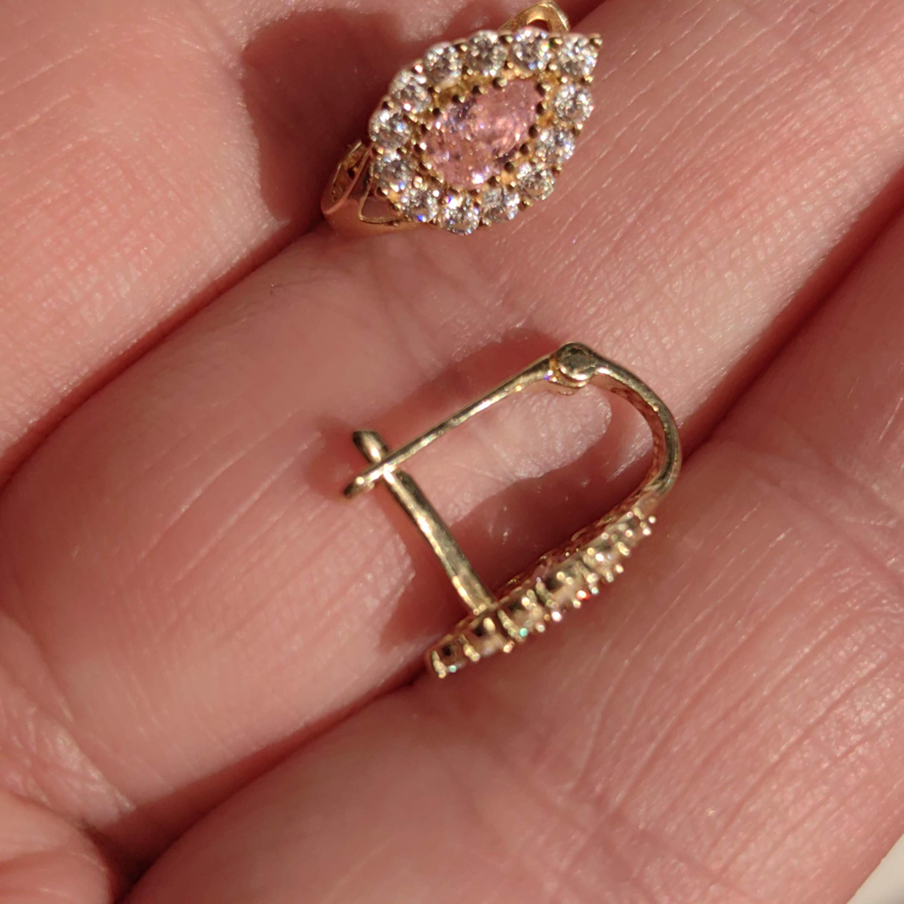 Vintage Solid Yellow Gold cubic zirconia Pink Stone Drop Floral cluster omega closure Earrings Gift for Her
