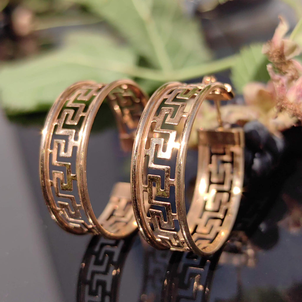 Vintage 14k Gold Hoop Earrings: Greek Meander Versace Style