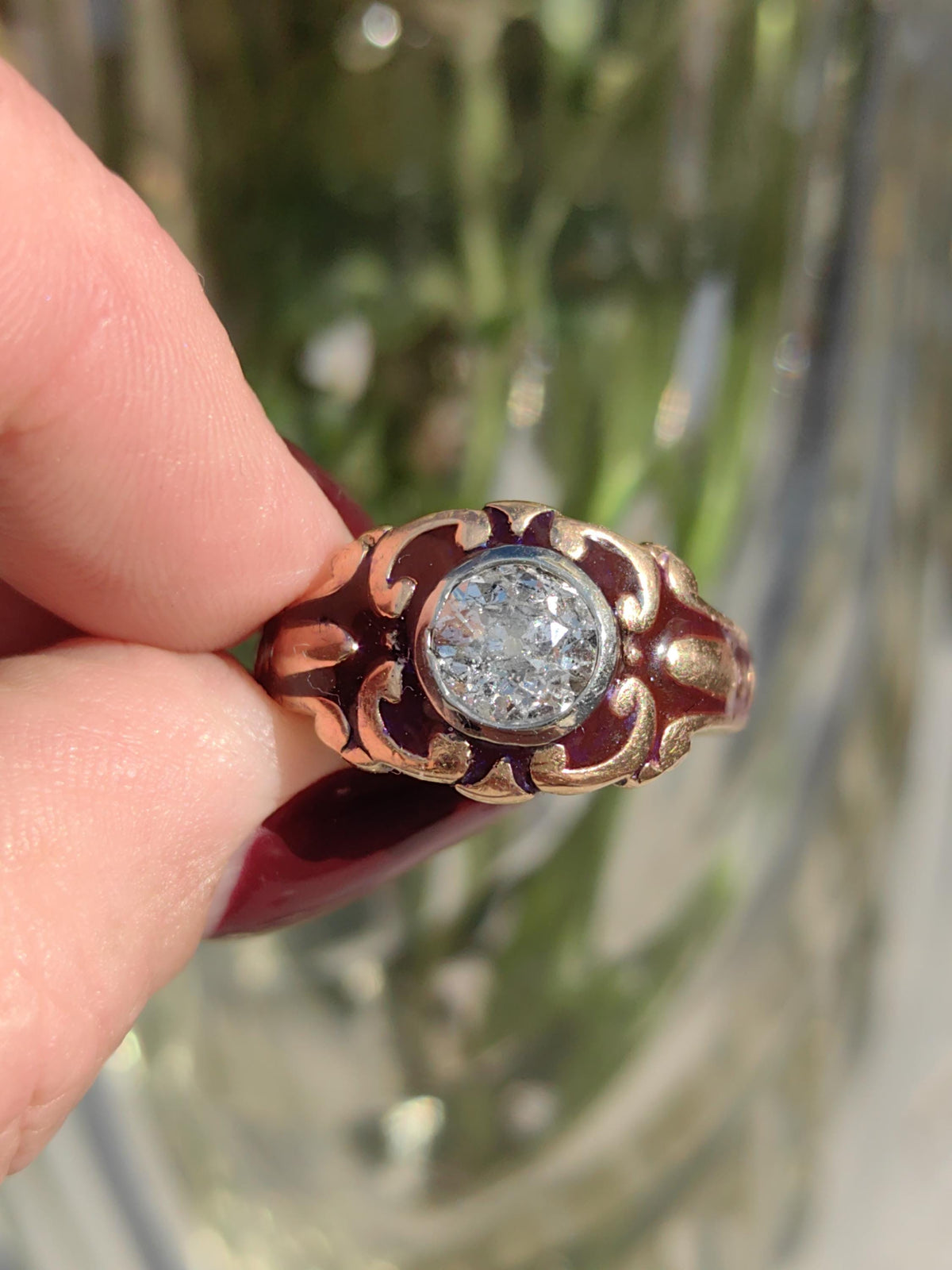 Diamond Victorian 1890s Solid 18k Gold dark Purple Aubergine Enamel Antique Engagement Statement Ring Elegant Vintage Gift for Her
