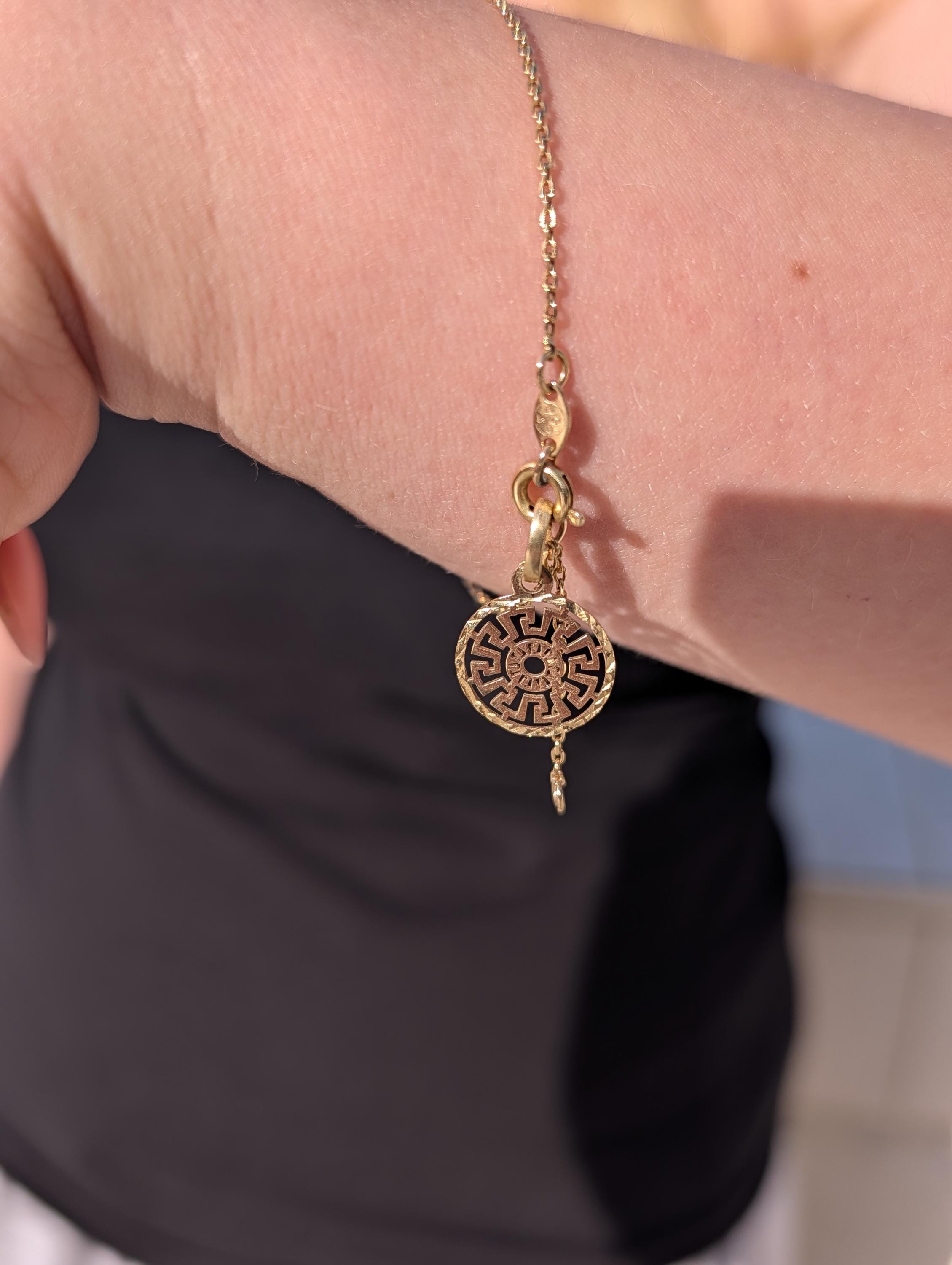 Vintage 14k Yellow Gold Link Bracelet, with  Ancient Greek Pattern Charm, 1980s Extension Ring 17-20 cm Gift Unisex Chic Fine Gold Jewelry