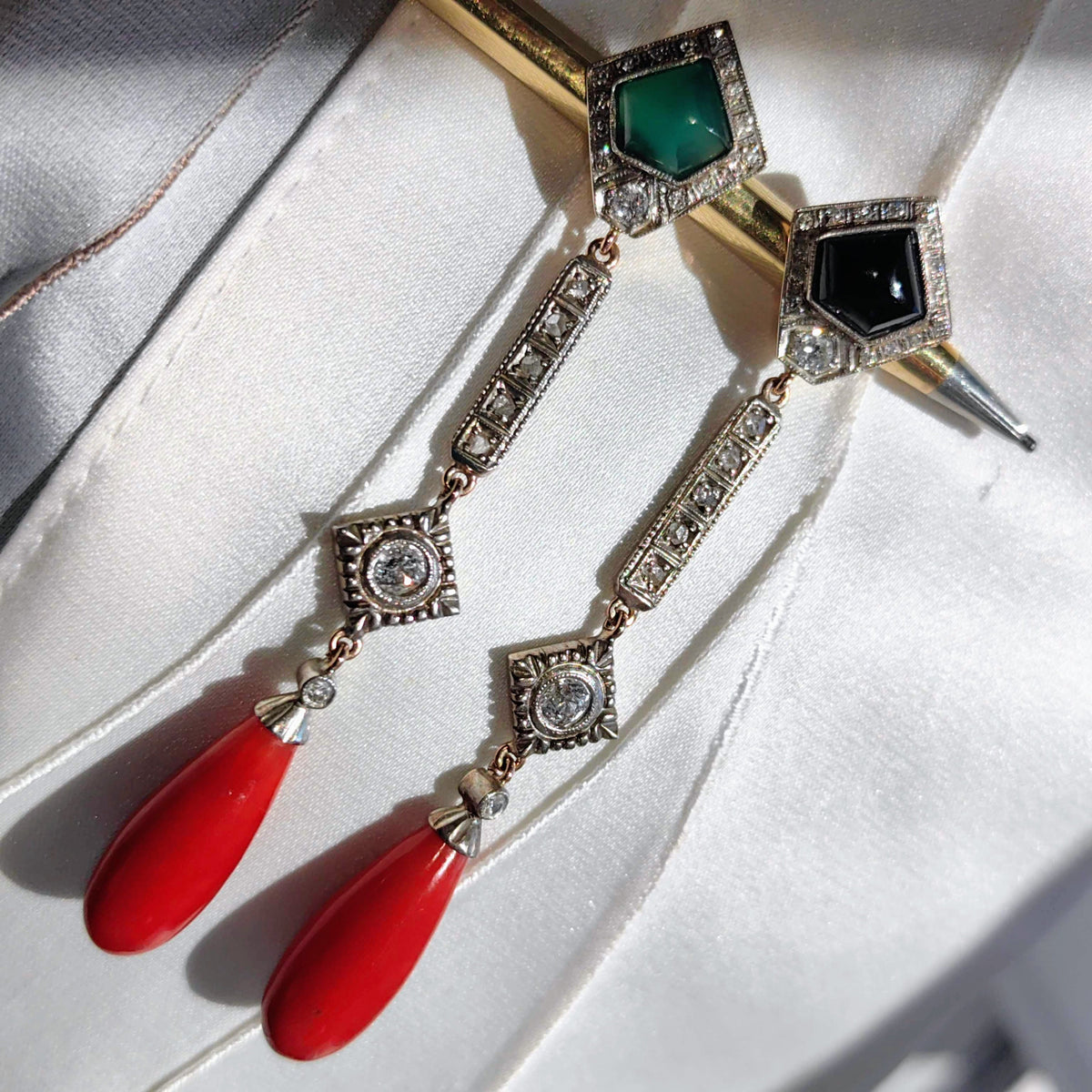 Art Deco Coral Onyx Diamond 14k Gold Dangle Earrings, 1920s Vintage