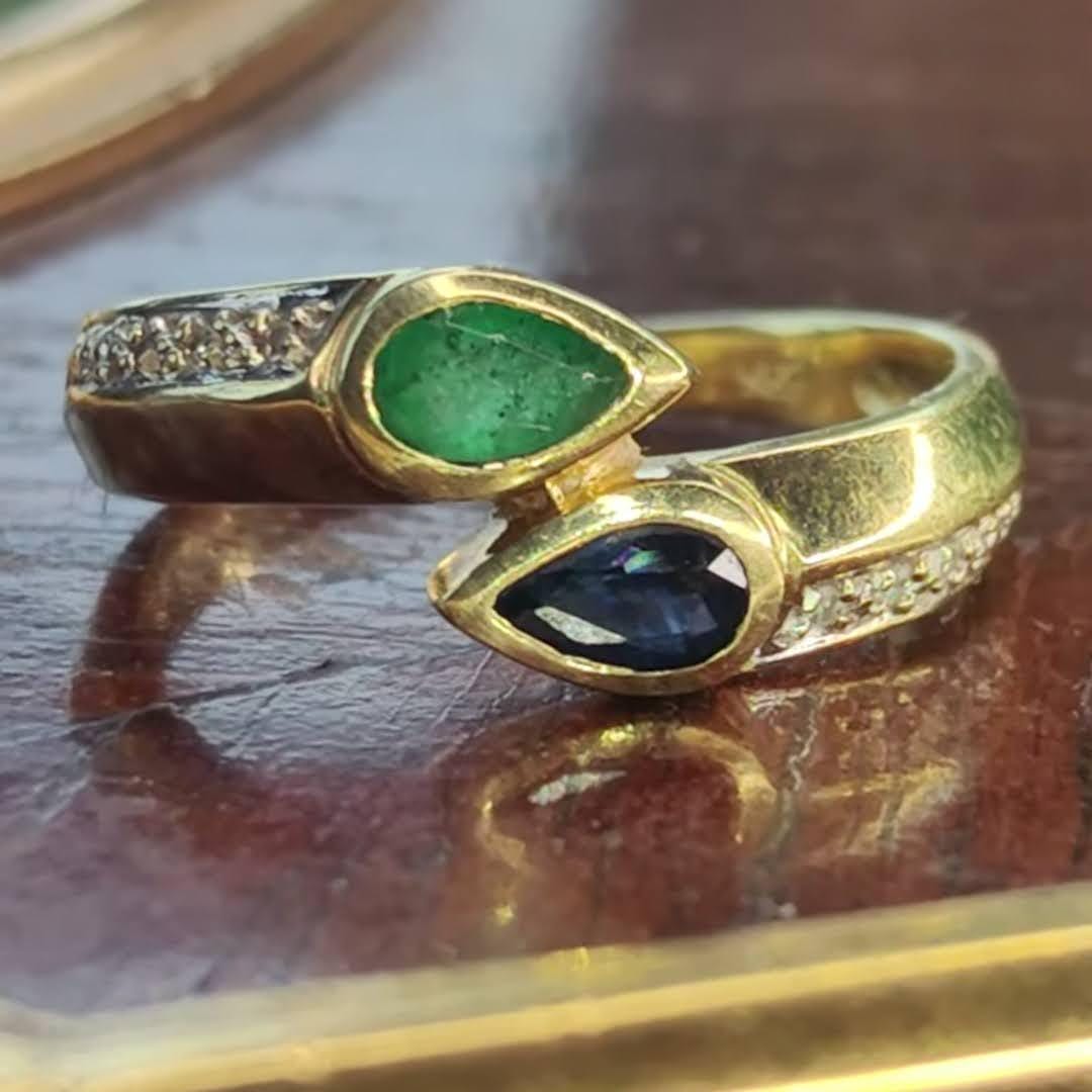 RESERVED for K.!!Vintage 14k Solid yellow Gold Natural green Emerald Blue Sapphire  Diamond Ring:Dainty Stackable Band Engagement Ring Gift