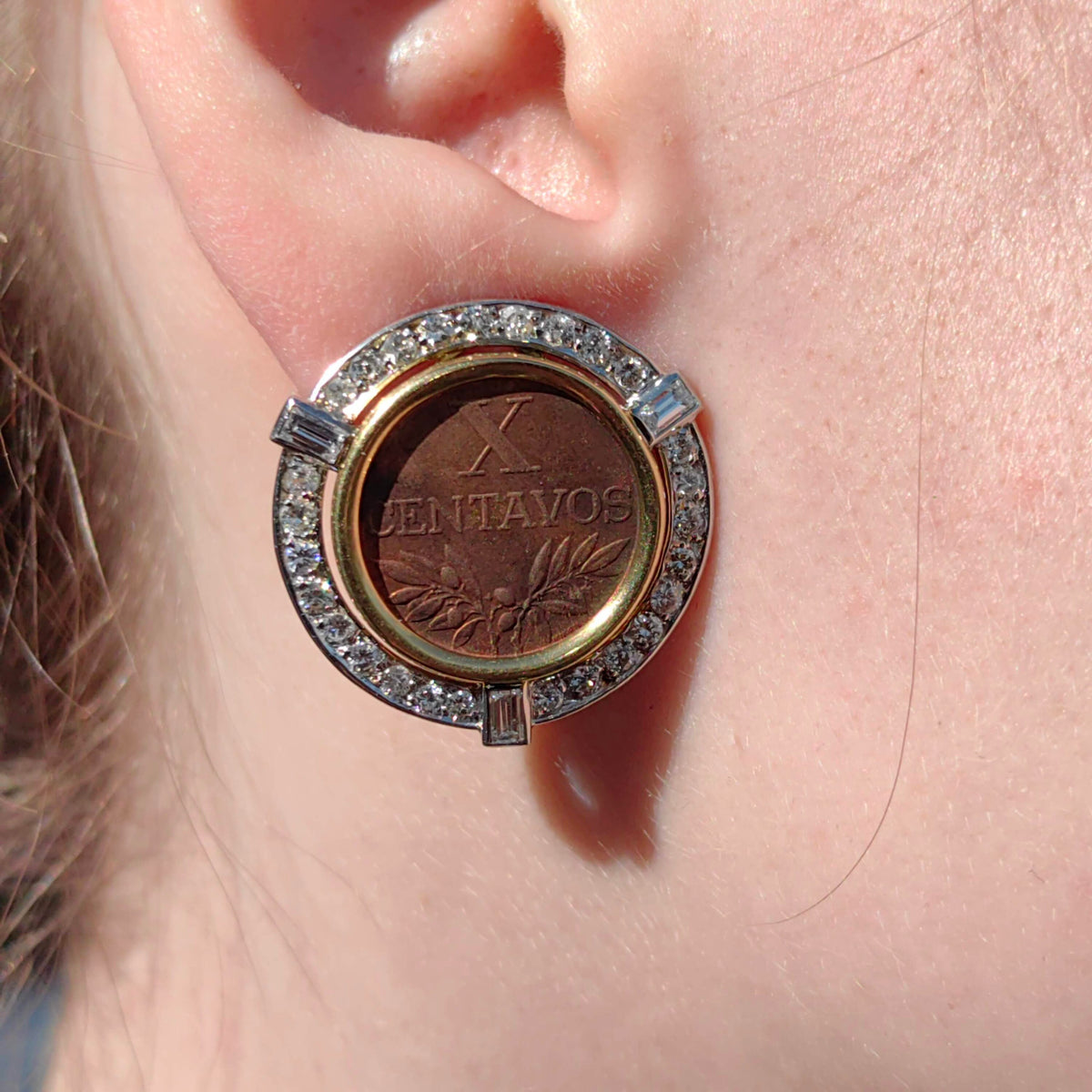 Art Deco 1940s Antique Vintage Diamond Coin 10 Centavos 14k Hallmarked Gold Stud Statement Earrings Gift for Her Present