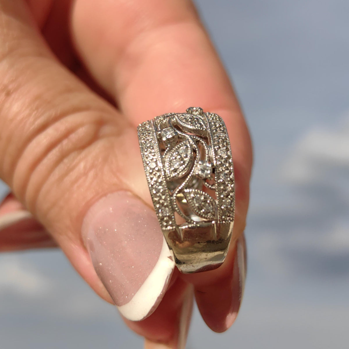 Diamond Floral Wedding Band: 14k White Gold Leaf Filigree Ring