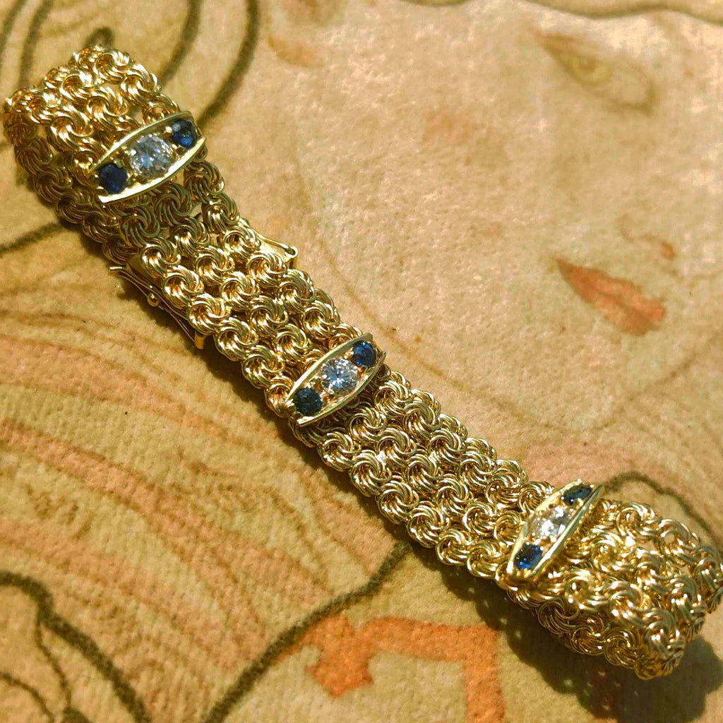 Art Deco Sapphire Diamond Bracelet: 14k Yellow Gold Chain, 1940s Vintage