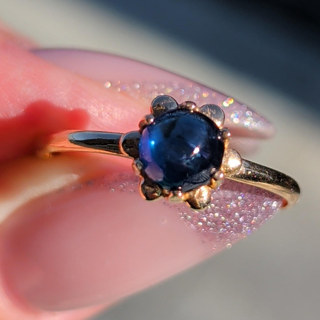 Vintage Blue Natural Cabochon Sapphire Solid Yellow Gold Dainty Ring Sapphire Engagement Ring Gift for Her Present