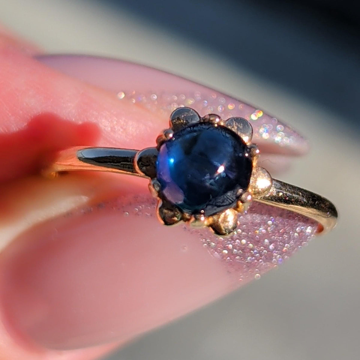 Vintage Blue Natural Cabochon Sapphire Solid Yellow Gold Dainty Ring Sapphire Engagement Ring Gift for Her Present