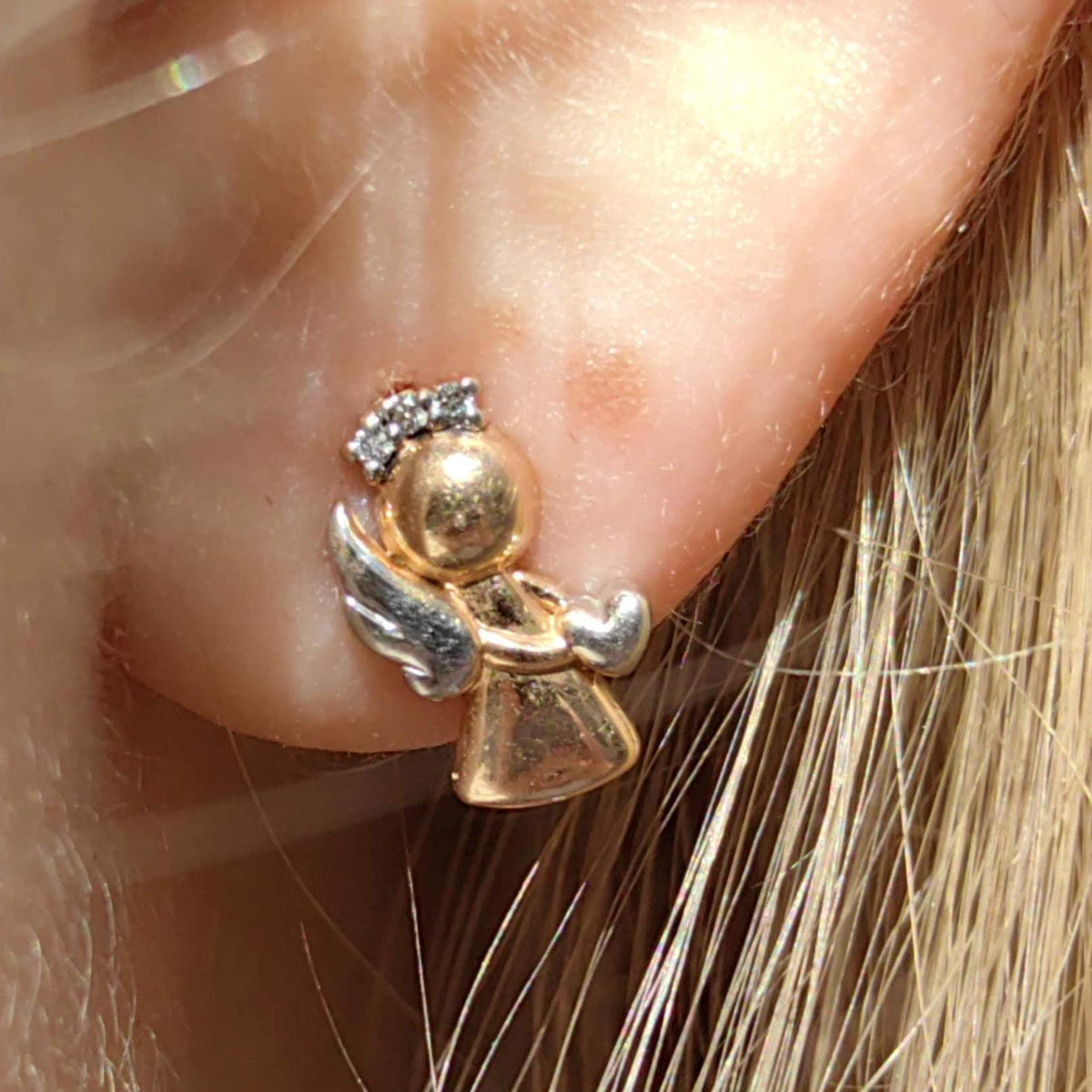 14K Yellow Gold Angel Earrings: Diamond Studs, Religious Jewelry