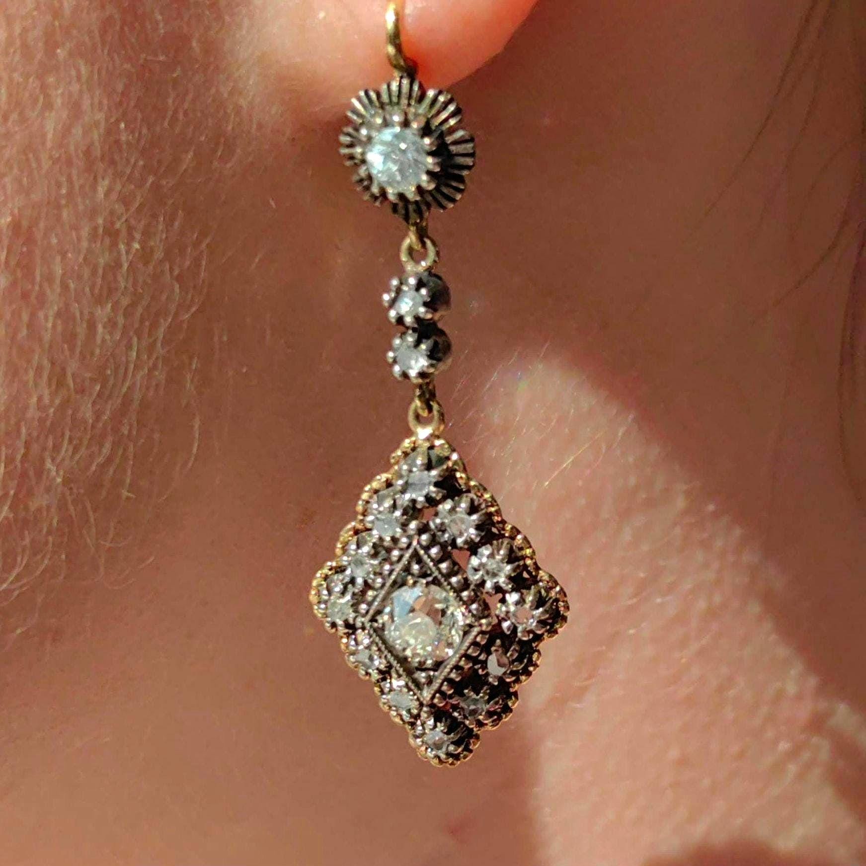 Antique 1.4ct Diamond Dangle Earrings: 1930s Art Deco 18k Gold & Silver