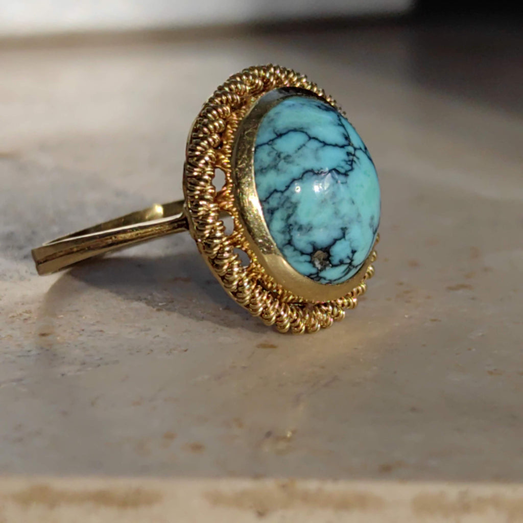 Art Deco 18k Gold Turquoise Ring: Mid Century Statement Jewelry