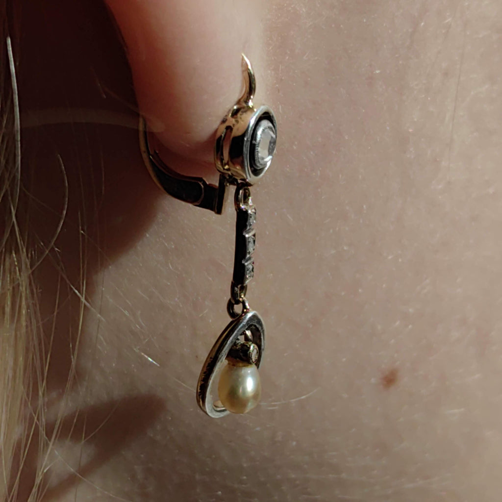 Antique 18k Gold Pearl Earrings: Rose Cut Diamond Art Nouveau Dangles