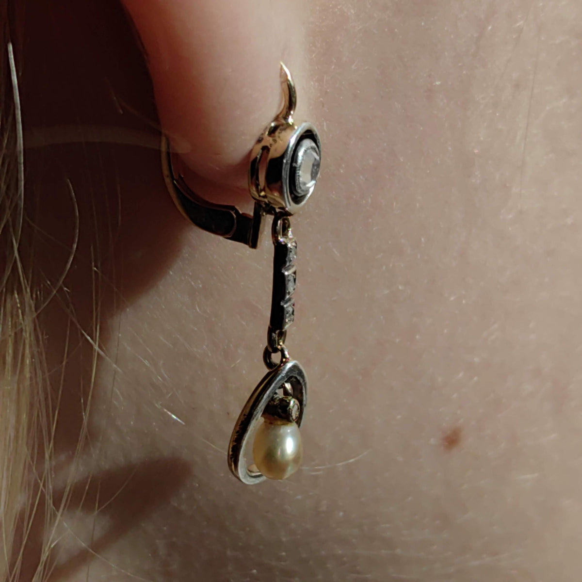 Antique 18k Gold Pearl Earrings: Rose Cut Diamond Art Nouveau Dangles