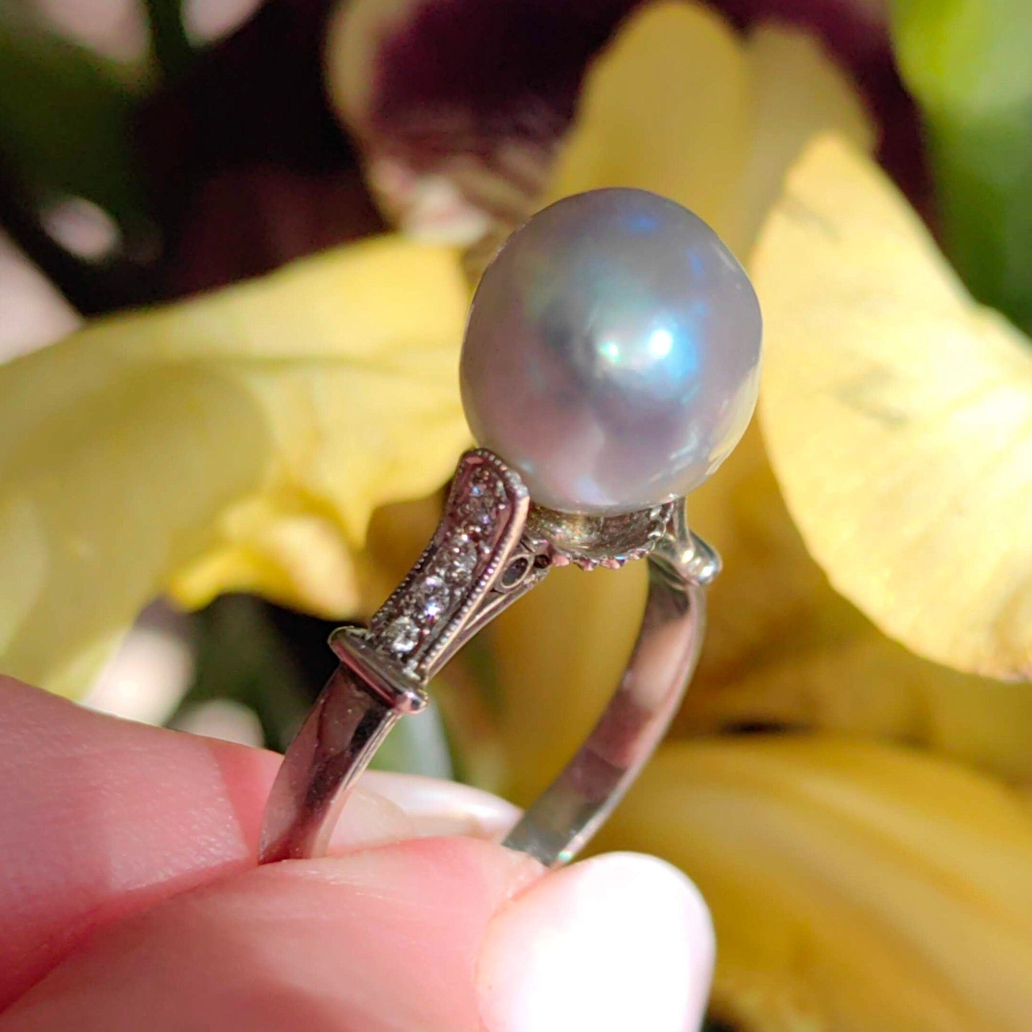 1940s Pearl Diamond Ring: Antique 18k White Gold, Size 6.5