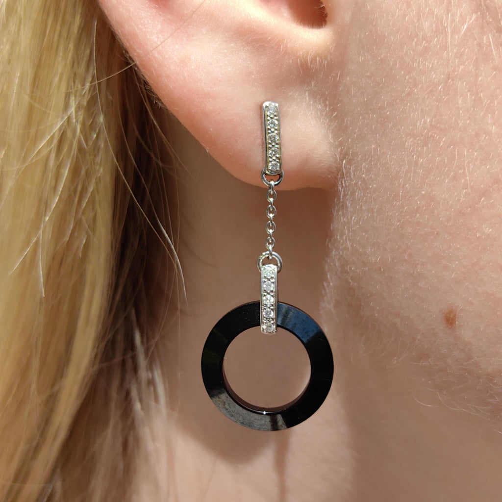 Natural Onyx Diamond 18K Solid White Gold Long Dangle  Drop Earrings Geometric Vintage Retro Statement Earrings Gift for Her