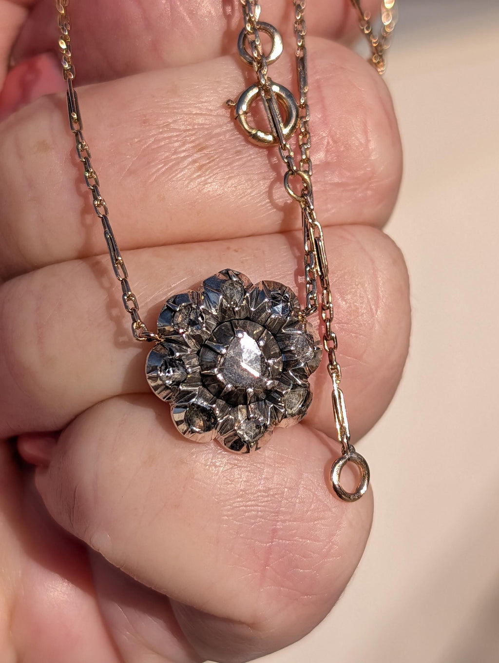 Antique Rose Cut Diamond Pendant Necklace 14k Yellow Rose Gold Silver Setting, Victorian 1880s Floral Romantic Gift for Her