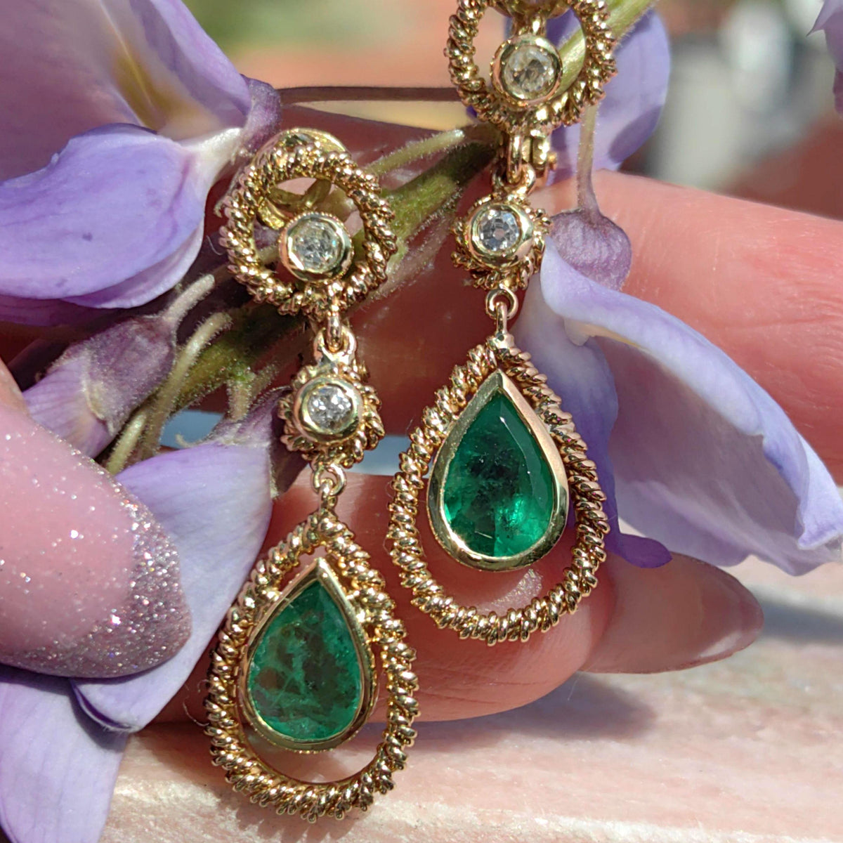 Antique Emerald Diamond 18k Gold Dangle Earrings: Mid Century French Dormeuses