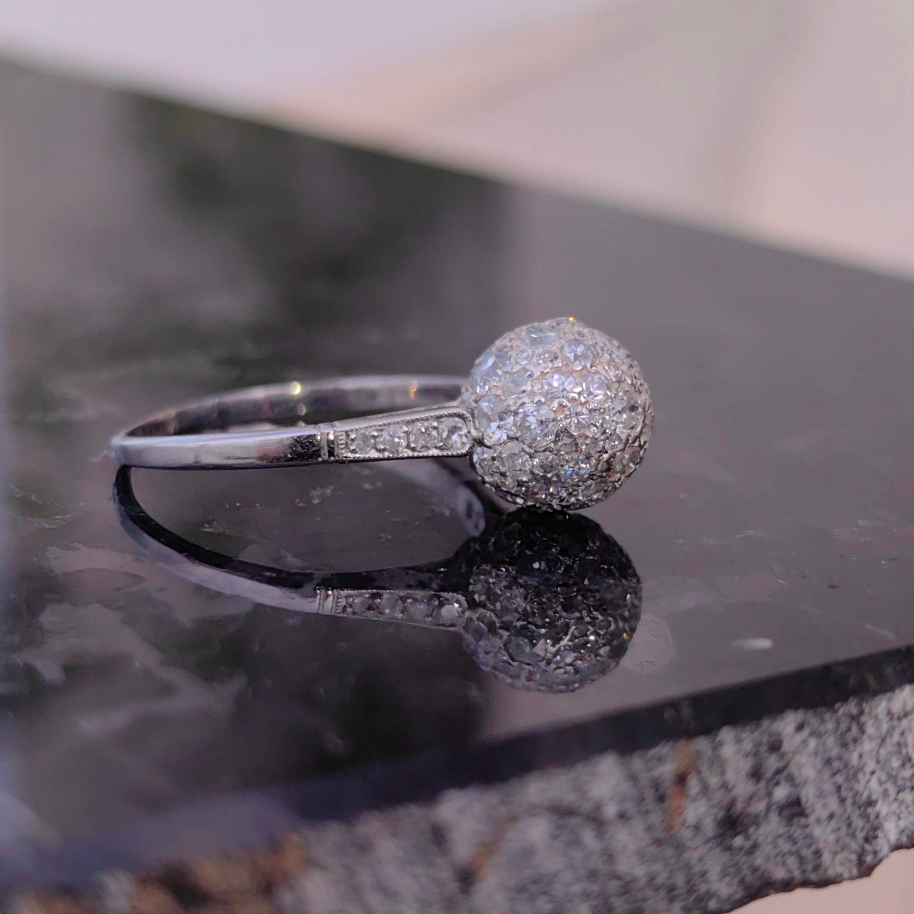 Art Deco Platinum Diamond Globe Ring: 1930s Antique Pavé Engagement