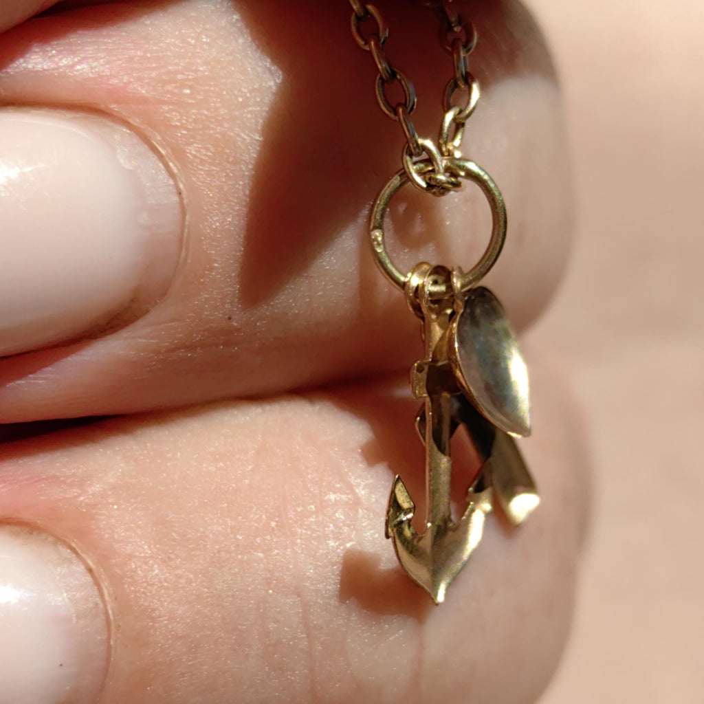 Vintage 14k Yellow Rose Champagne Gold Cross Heart Anchor Charm Pendant Art Nouveau Nautical Traveller Love Faith Christian Medal Gift