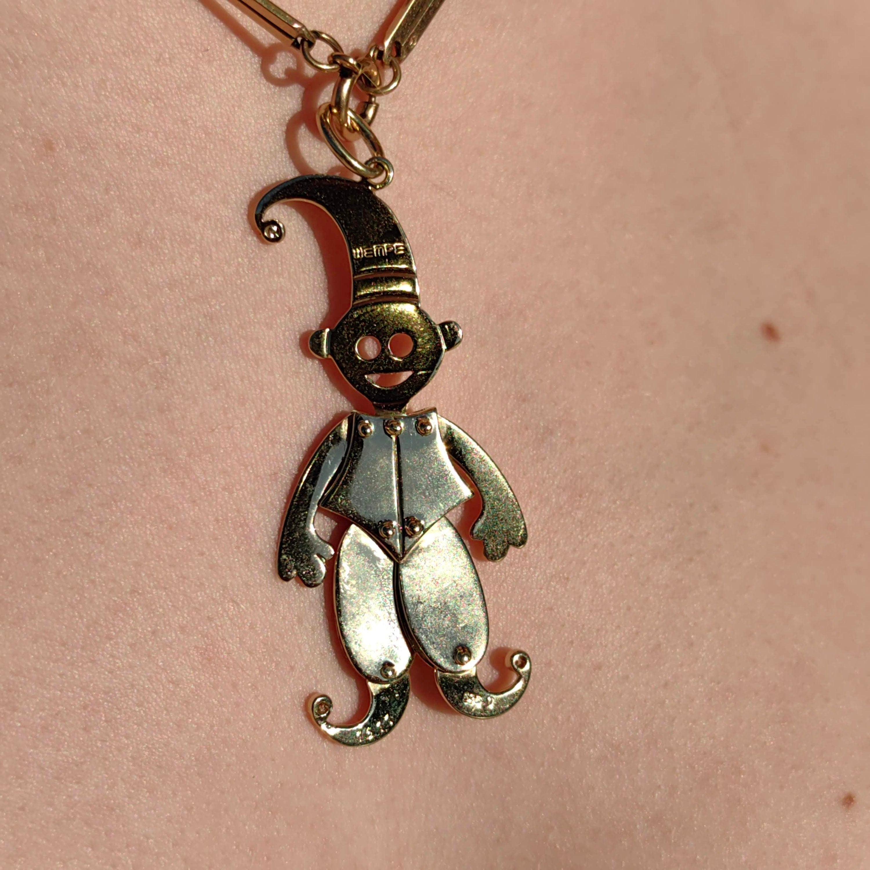 Vintage WEMPE 14K Solid Yellow Gold Jester Clown Pendant with Moving Dangle and Diamonds Large Medal Pendant Retro Fun Jewelry Gift