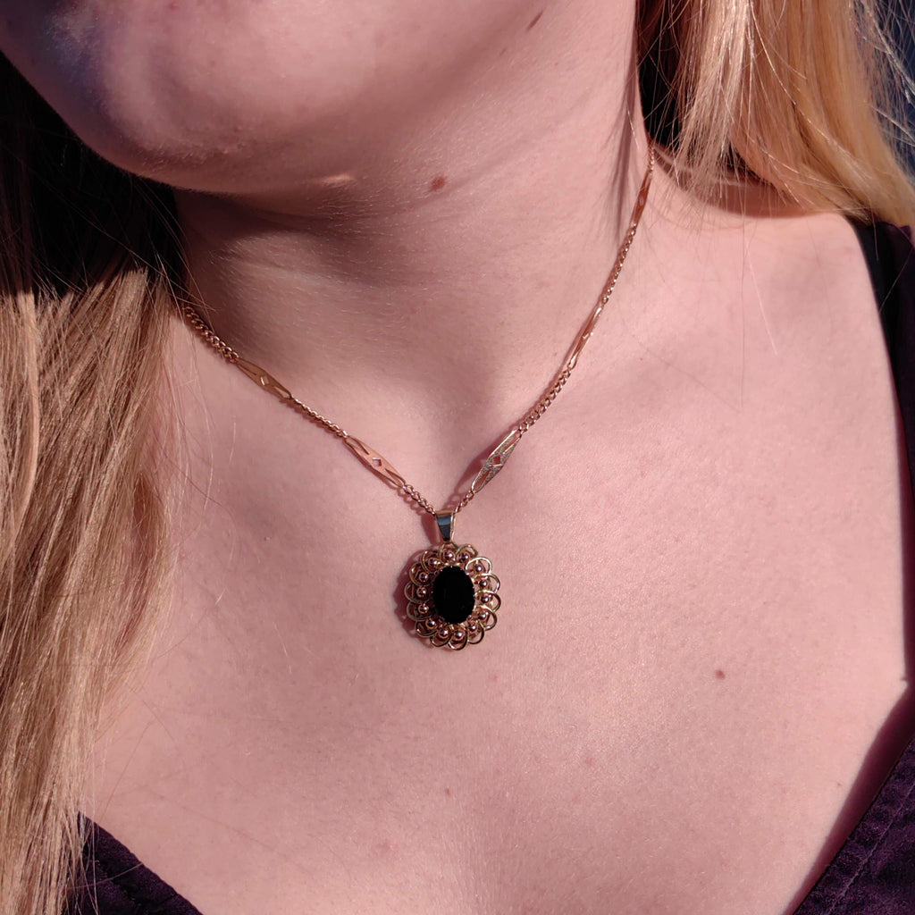 Vintage Black Onyx Yellow Gold Pendant - 1960s Statement Charm