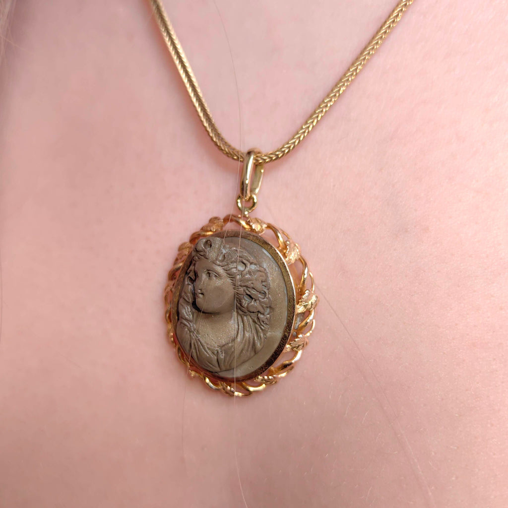 Victorian Hand Carved Lava Cameo Pendant - 14K Gold Framed