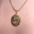 Victorian Hand Carved Lava Cameo Pendant - 14K Gold Framed