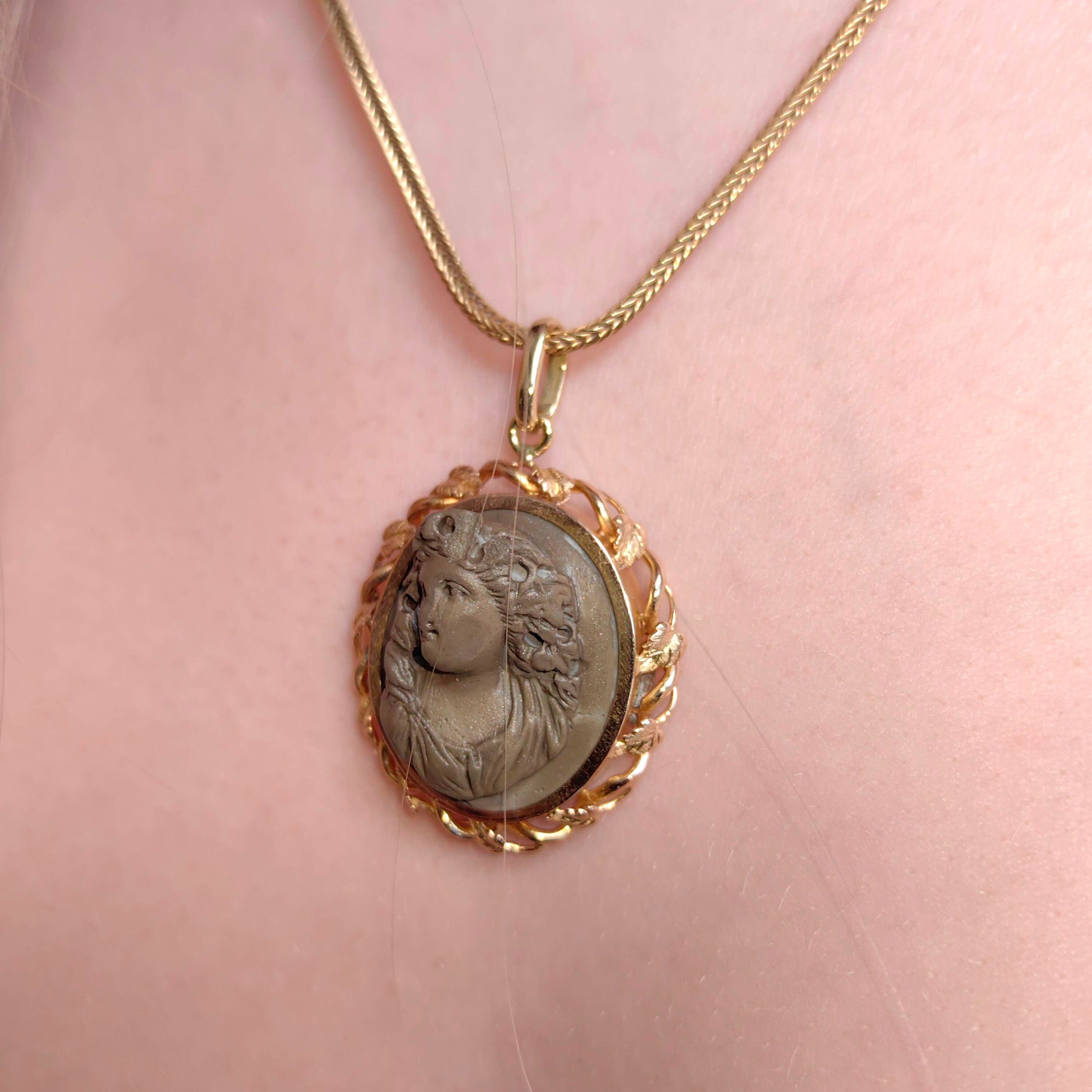 Victorian Hand Carved Lava Cameo Pendant - 14K Gold Framed