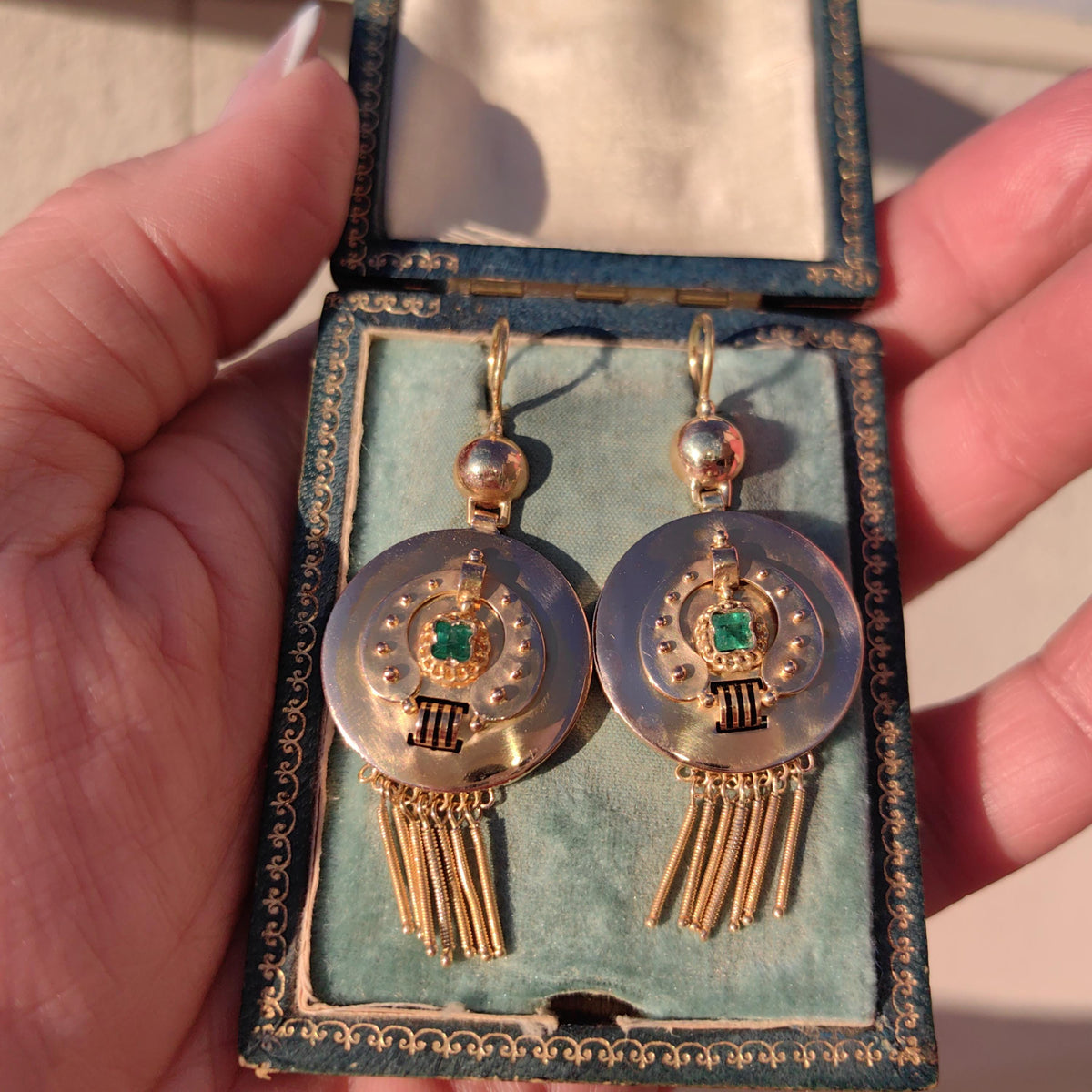 Victorian 18K Gold Emerald Dangle Earrings: Enamel Antique Jewelry