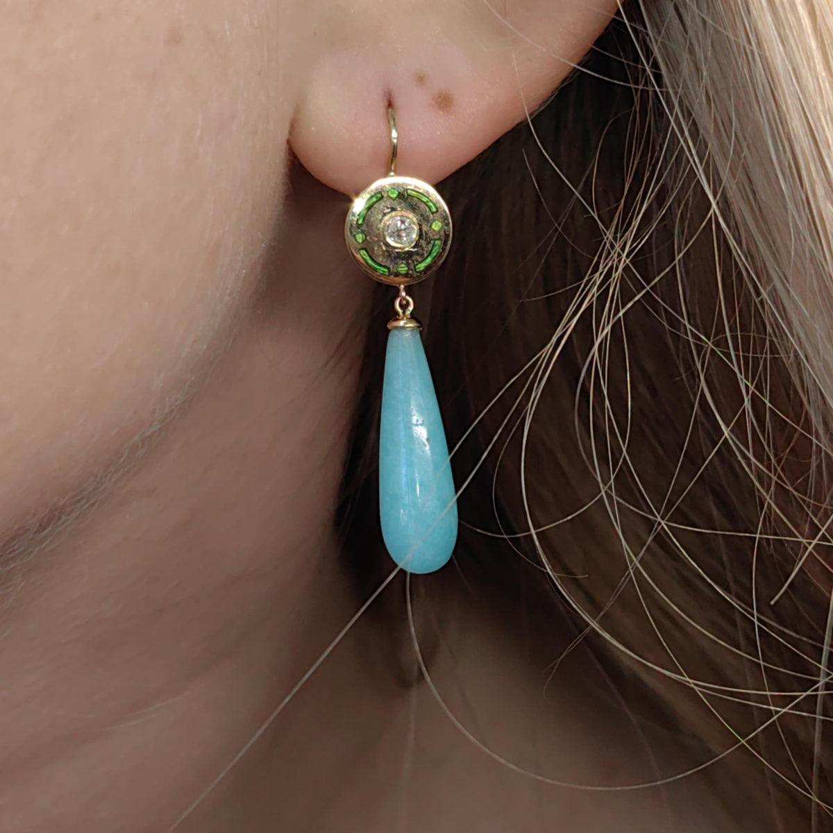 Antique 1900s Art Nouveau Amazonite  and Diamond Solid 14K Yellow Gold Green Enamel Dangle Drop Statement Earrings Elegant Gift for Her
